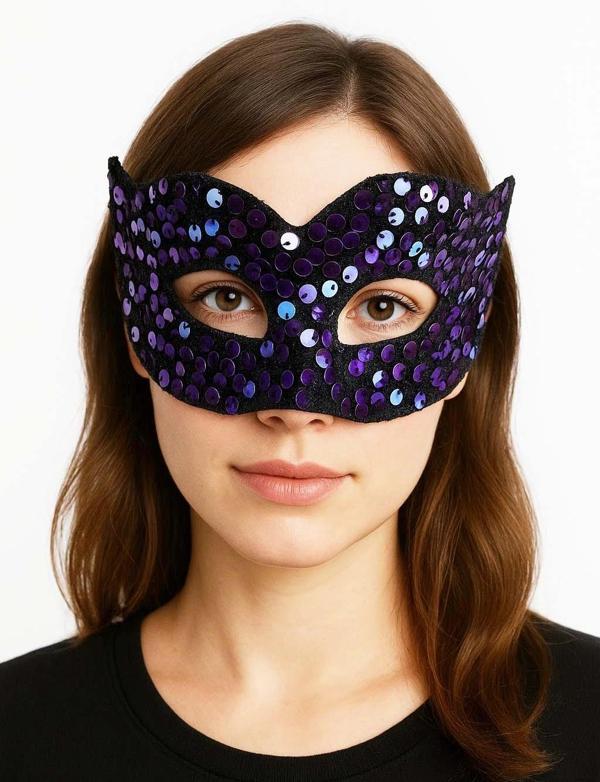 Mor Renk Arkadan Lastikli Pul Payet İşlemeli Balo After Parti Maskesi - Image 1