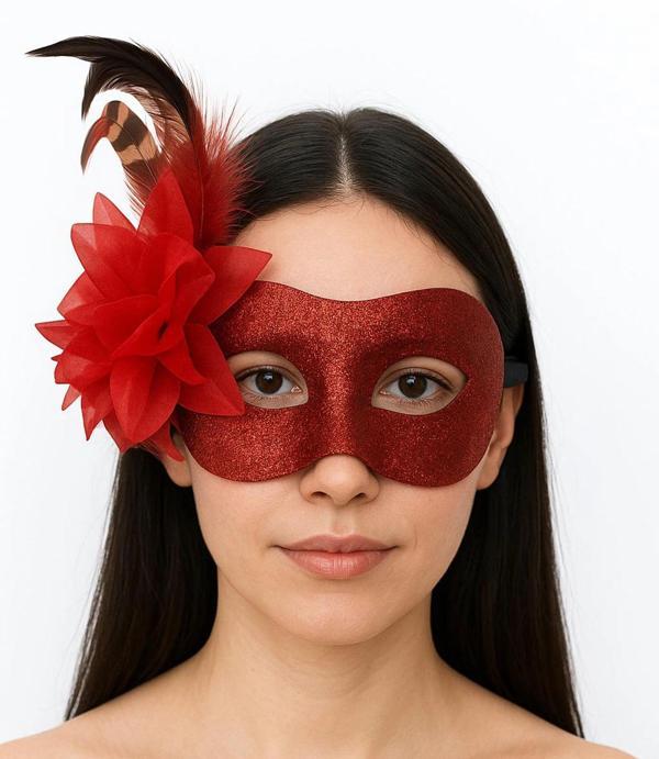 Kırmızı Renk Metalize Sim Görünümlü Parlak Tüylü Parti Maskesi 22x19 Cm - Image 1