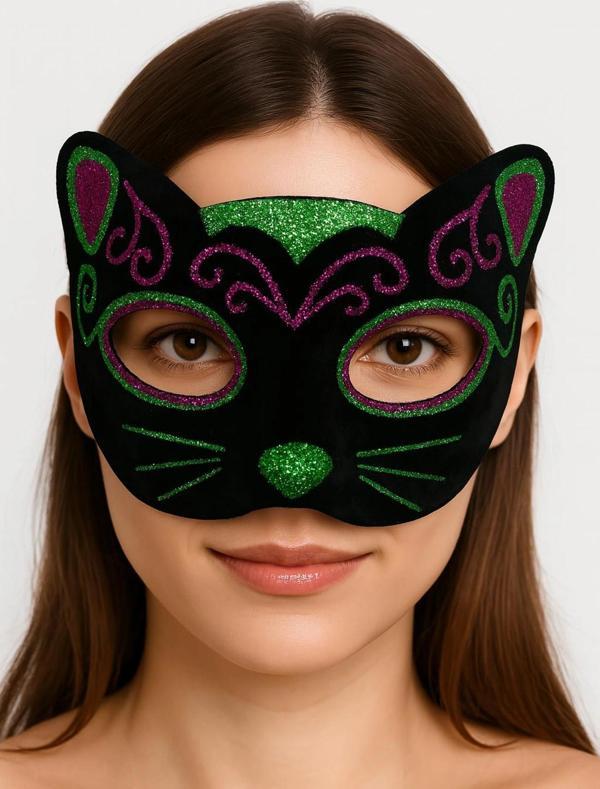 Siyah Kadife Kaplama Üzeri Pembe Yeşil Sim İşlemeli Kedi Maskesi 20x13 Cm - Image 1