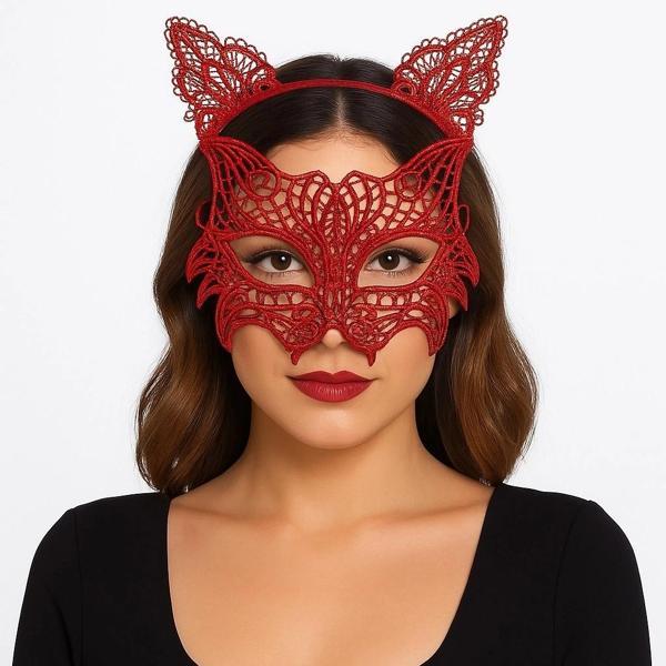 Kırmızı Dantel Kedi Maskesi Ve Dantel Taç Seti 8 No – Kadın Kostüm Aksesuarı - Image 1