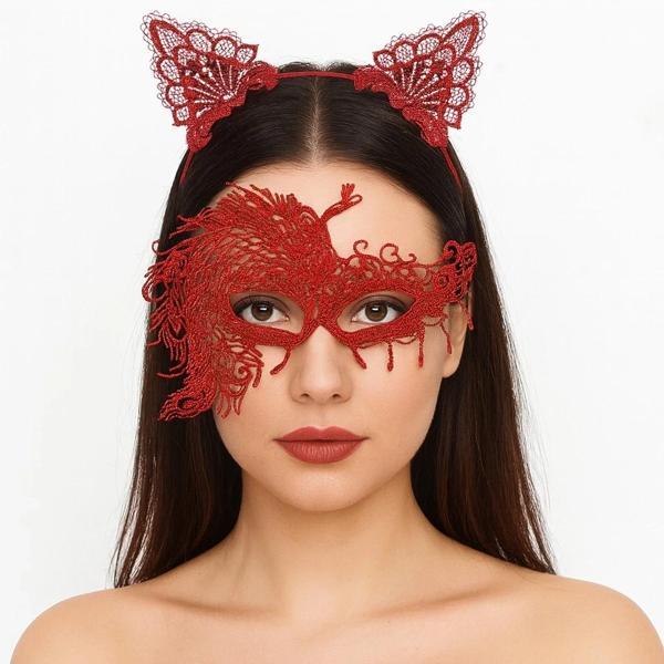 Alevin Zarafeti Kırmızı Dantel Maske Ve Taç Seti 4 No – Kadın Kostüm Tamamlayıcı - Image 1