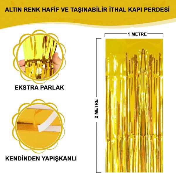Altın Gold Renk Ekstra Metalize Parlak Saçaklı Arka Fon Perde İthal A Kalite 1x2 Metre - Image 1