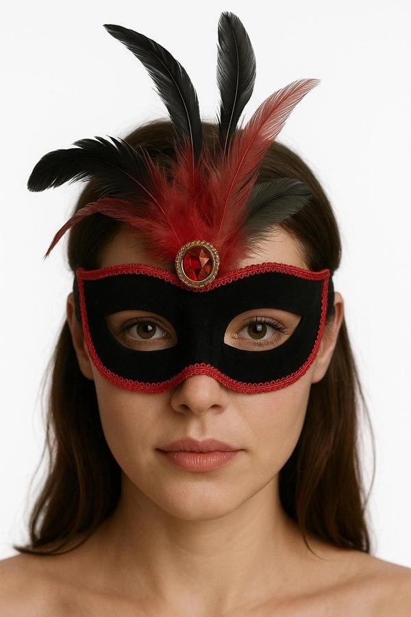 Kırmızı Dantelli Siyah Kırmızı Tüylü Siyah Süet Kaplama Parti Maskesi 17x25 Cm - Image 1