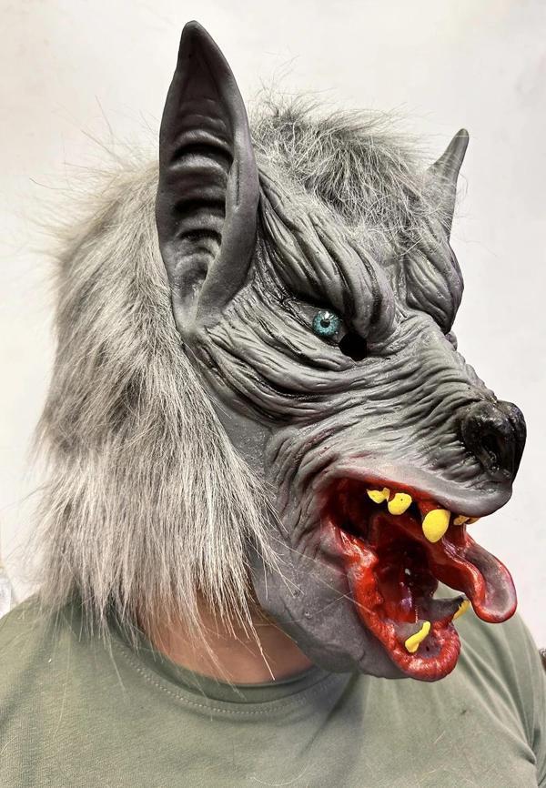 Kafaya Tam Geçmeli Lateks Dil Çıkaran Mavi Gözlü Kurt Maskesi - Image 1