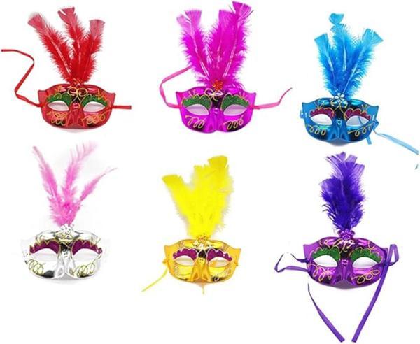 Renkli Tüylü Venedik Parti Maskesi Karışık Renk 12 Adet - Image 1