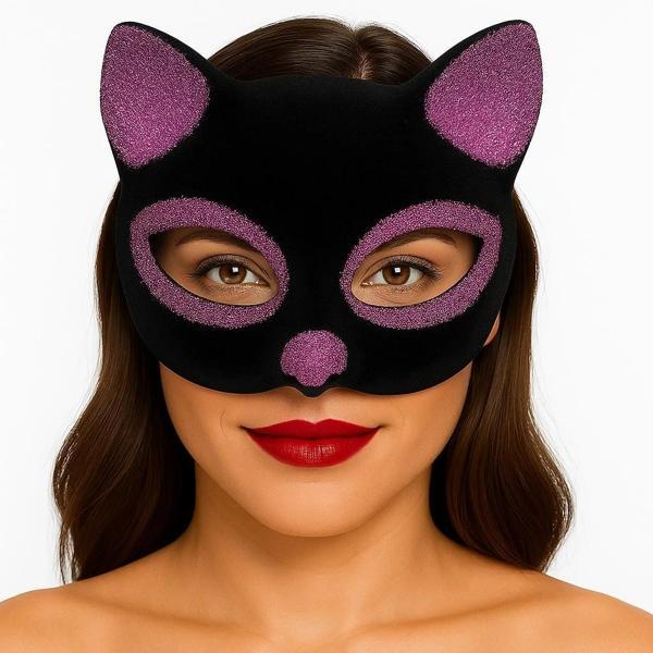 Siyah Renk Pembe Simli Süet Kaplama Kedi Maskesi 18x14 Cm - Image 1
