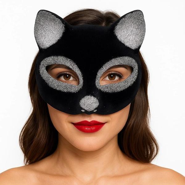 Siyah Renk Gümüş Simli Süet Kaplama Kedi Maskesi 18x14 Cm - Image 1