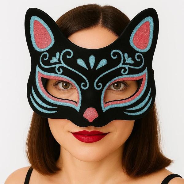 Siyah Renk Süet Kaplama Üzeri Mavi Kırmızı Simli Kedi Maskesi 17x14 Cm - Image 1