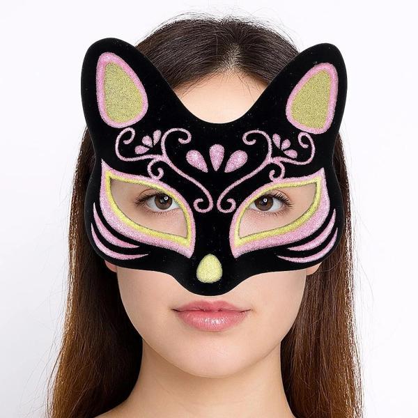 Siyah Renk Süet Kaplama Üzeri Sarı Pembe Simli Kedi Maskesi 17x14 Cm - Image 1