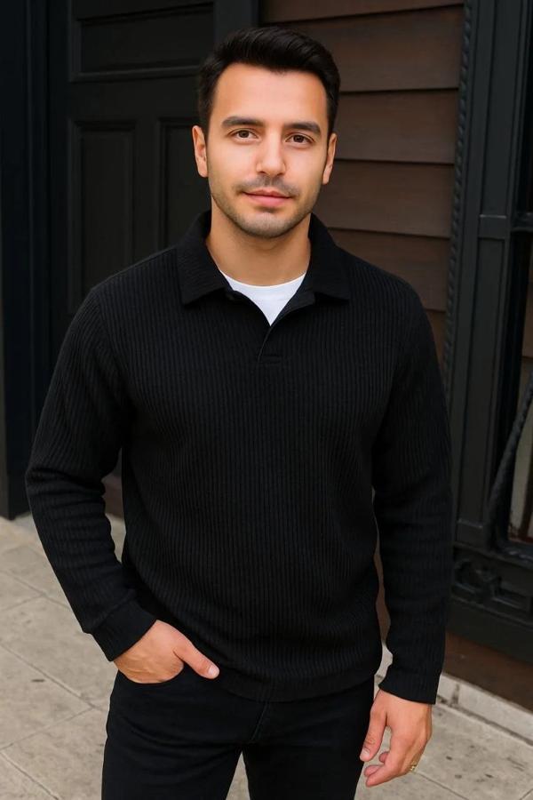 Erkek Fitilli Polar Sweatshirt – Düğmesiz Polo Yaka, Oversize Rahat Kalıp, Kalın Polar Kumaş, Kışlık - Image 1