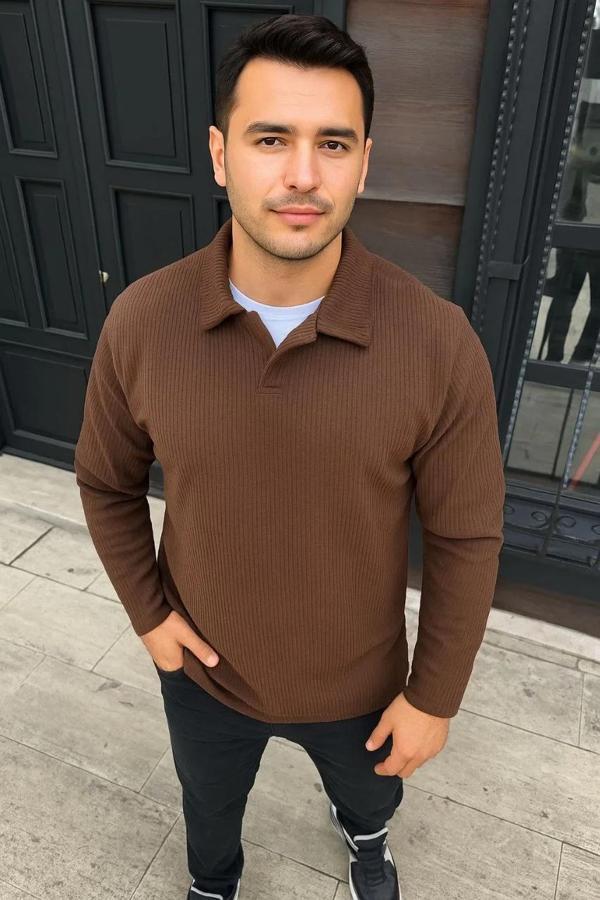 Erkek Fitilli Polar Sweatshirt – Düğmesiz Polo Yaka, Oversize Rahat Kalıp, Kalın Polar Kumaş, Kışlık - Image 1