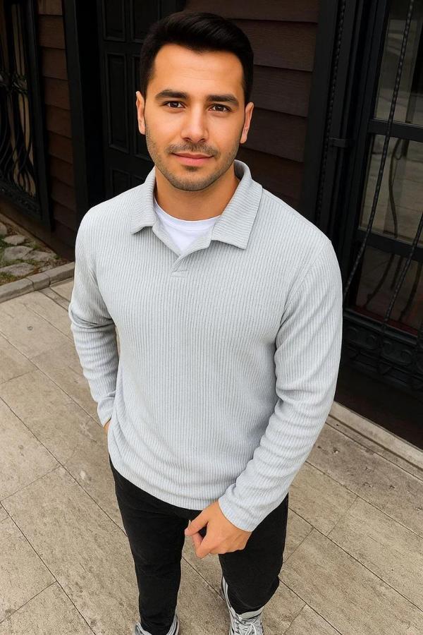 Erkek Fitilli Polar Sweatshirt – Düğmesiz Polo Yaka, Oversize Rahat Kalıp, Kalın Polar Kumaş, Kışlık - Image 1