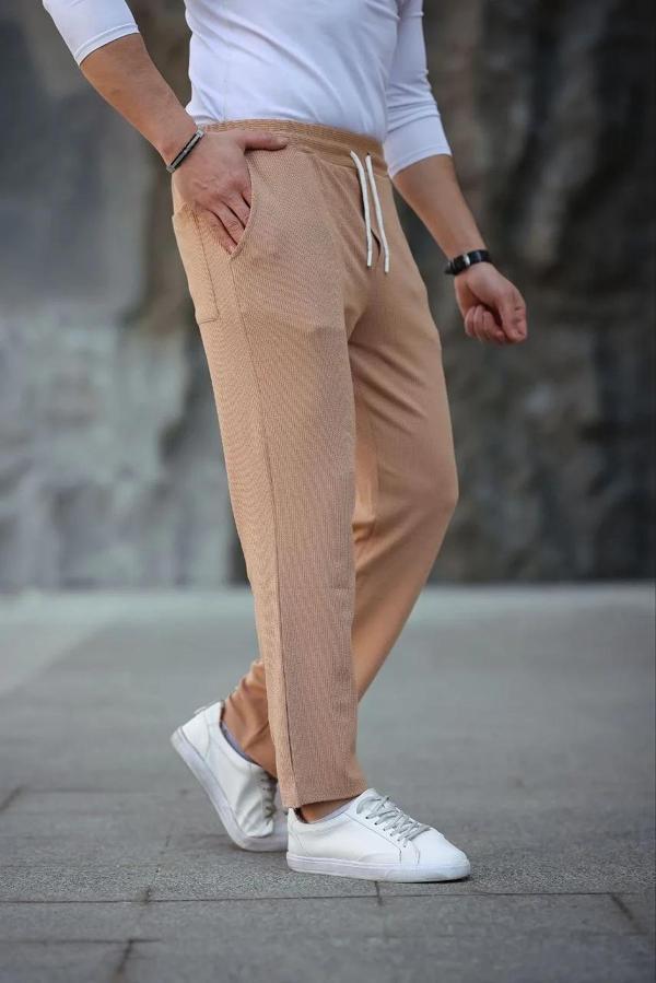 Erkek Paça Yırtmaçlı Burgu selanik dokulu Jogger Buggy Pantalon Rahat kalıp - Kahverengi - Image 1