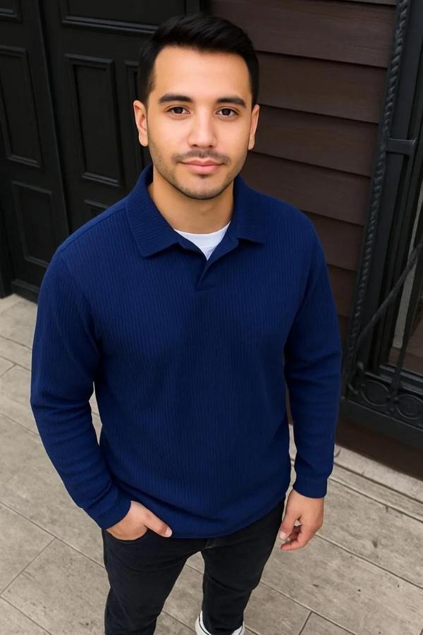 Erkek Fitilli Polar Sweatshirt – Düğmesiz Polo Yaka, Oversize Rahat Kalıp, Kalın Polar Kumaş, Kışlık - Image 1