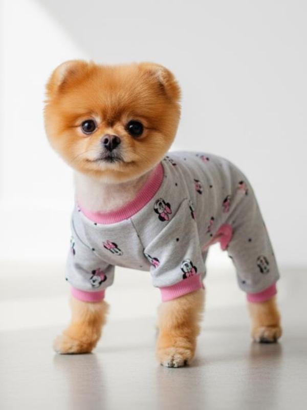 Minnie Köpek Tulumu | Pamuklu Penye Köpek Pijaması | Gri Pembe Desenli | Tüy Dökülmesini Azaltır | Küçük Irklar İçin - Image 1