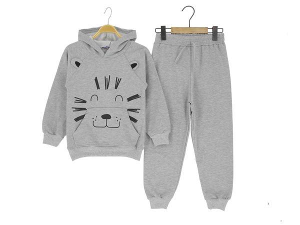 ASLAN BASKILI KAPÜŞONLU İKİ İPLİK ŞARDONLU EŞOFMAN TAKIM - ATABAY - ATA30682.0 - Gri - 7 Yaş - ATA30682.0-Gri-7 Yaş Gri - Image 1