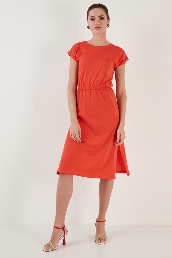 Lela Pamuklu Kısa Kollu Çift Yırtmaçlı Midi Bayan Elbise 5864205 KİREMİT - Image 1