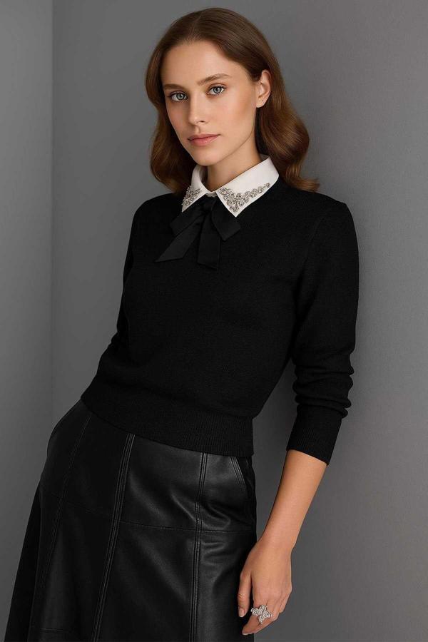 Fashion Friends Regular Fit Kurdeleli Gömlek Yaka Detaylı Bayan Kazak 25K0222K1 SİYAH - Image 1