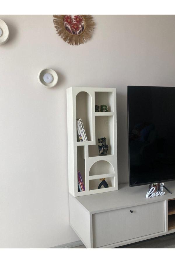 Aslan Bohem Tarzı Beton Görünümlü Duvar Rafı / Nişi Kitaplık /Sensörlü Sajlı Led Işık Hediye - Image 1