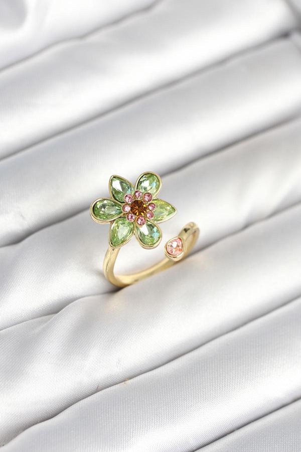 Zarif Parmaklar için Golden Pirinç Çiçek Stil Yeşil Kadın Yüzük - Image 1