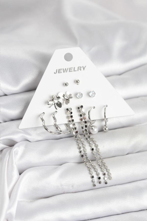 Zarif Kulaklar için 6ÇİFT Silver Pirinç Tasarım Kadın Küpe Seti - Image 1