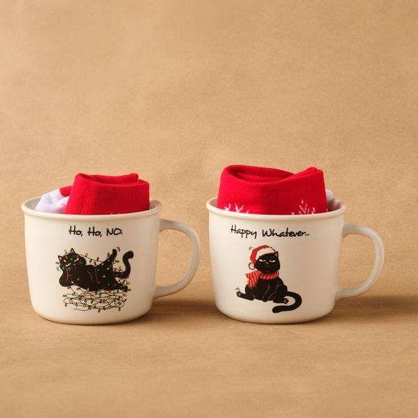 Karaca New Year Yılbaşı Grumpy Cat Çoraplı 2 Kişilik Kupa Seti 350 ml - Image 1