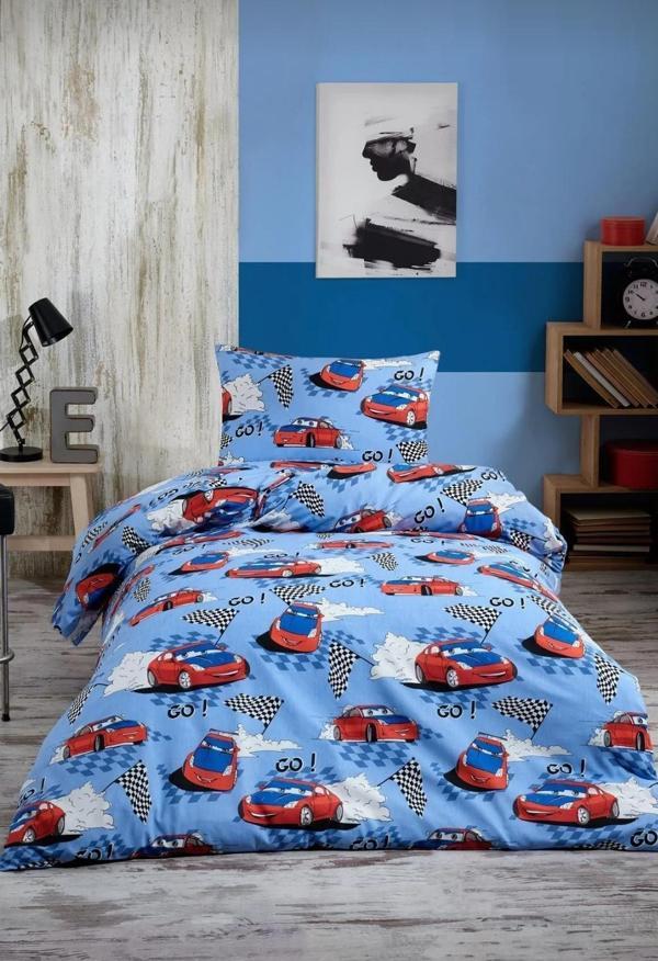 Renkli Baskılı Mavi tek kişilik Nevresim Seti çarşaflı arabalar - Image 1