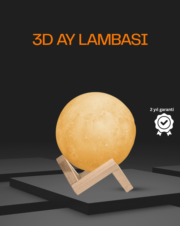 Ahşap Standlı 3D Baskı Ay Lambası 16 Renkli ve Şarjlı Uzaktan Kumandalı - Image 1