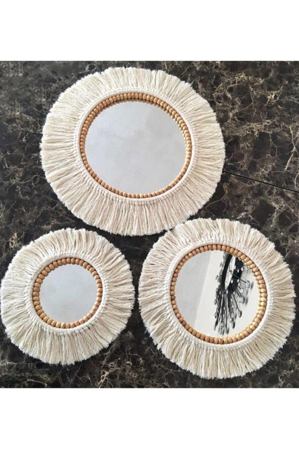 Trend Sende Boho Aynası Yumuşak Makrome Ayna Beyaz Duvar Dekoru 3'Lü Set - Image 1