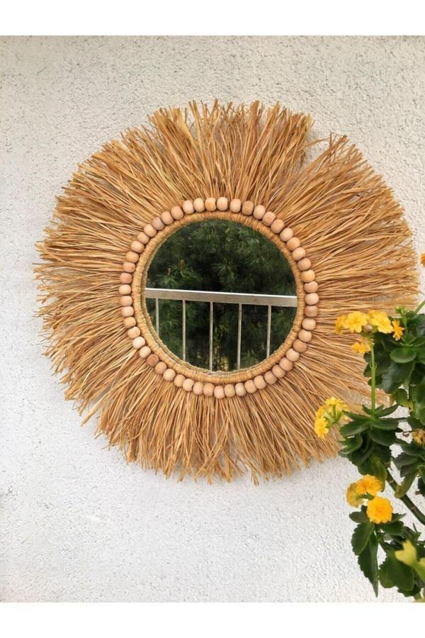Woodda Dekoratif Aynalı Rafya Duvar Süsü Bohemian Style Boncuk Detaylı Ayna 45 Cm - Image 1