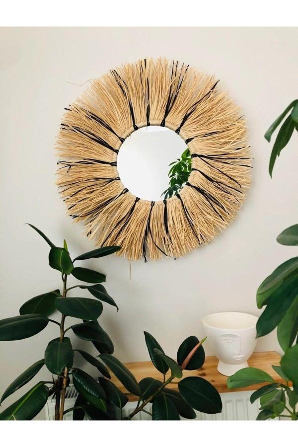 Trend Sende Rafya Yuvarlak Ayna, Boho Rattan Güneş Işığı Duvar Dekoru - Image 1
