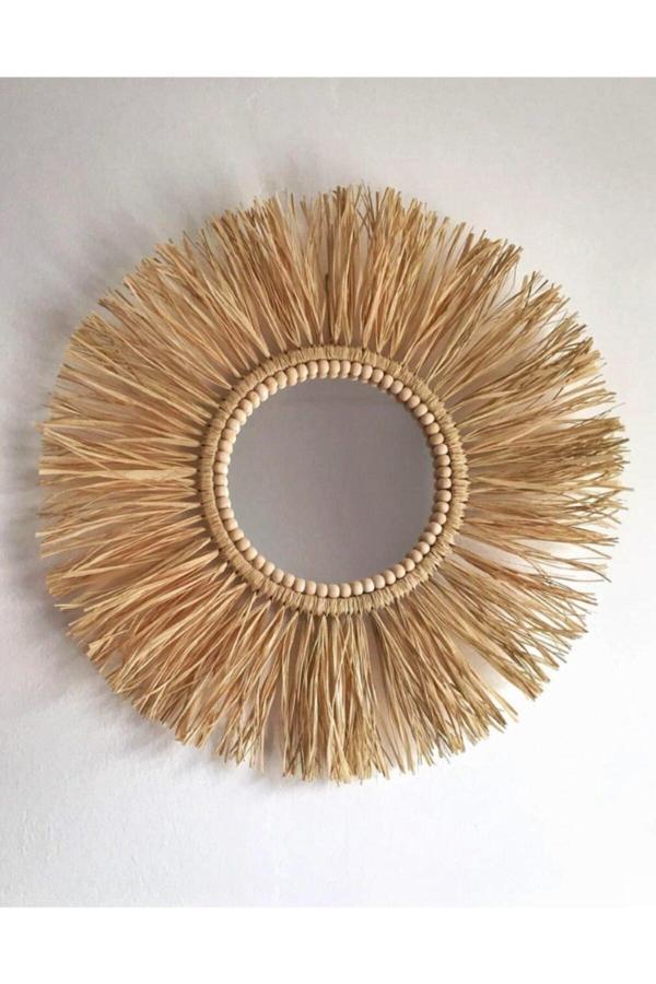 Woodda Dekoratif Aynalı Rafya Duvar Süsü Bohemian Style Boncuk Detaylı Ayna 45 Cm - Image 1