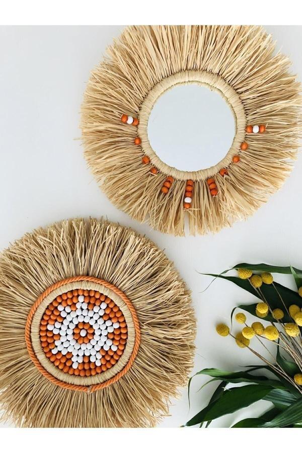 Hasır Dükkanı El Yapımı Rafya Duvar Süsü Rafya Ayna Dekoratif Ayna Balkon Mobilyası Duvar Rafı Kahve Köşesi - Image 1