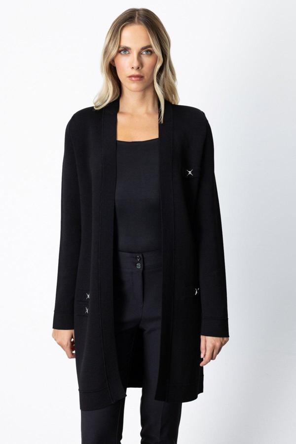 On Kadın Zımbalı Uzun Hırka 69917 Siyah - Image 1