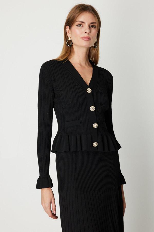 On Kadın V Yaka Süs Düğmeli Triko Hırka 69905 Siyah - Image 1