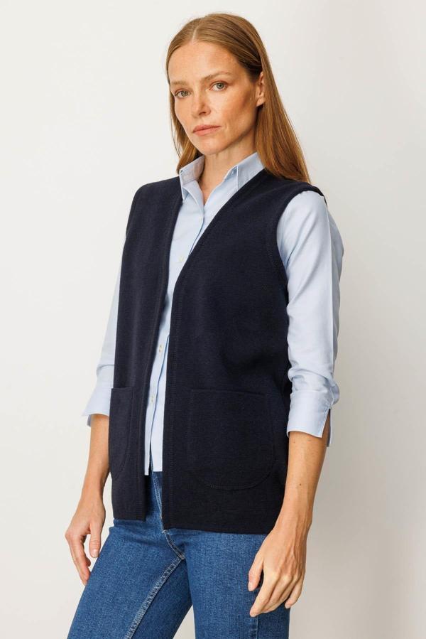 Desen Triko Kadın V Yaka Çelik Örgü Yün Anne Yelek 25044 Koyu Lacivert - Image 1