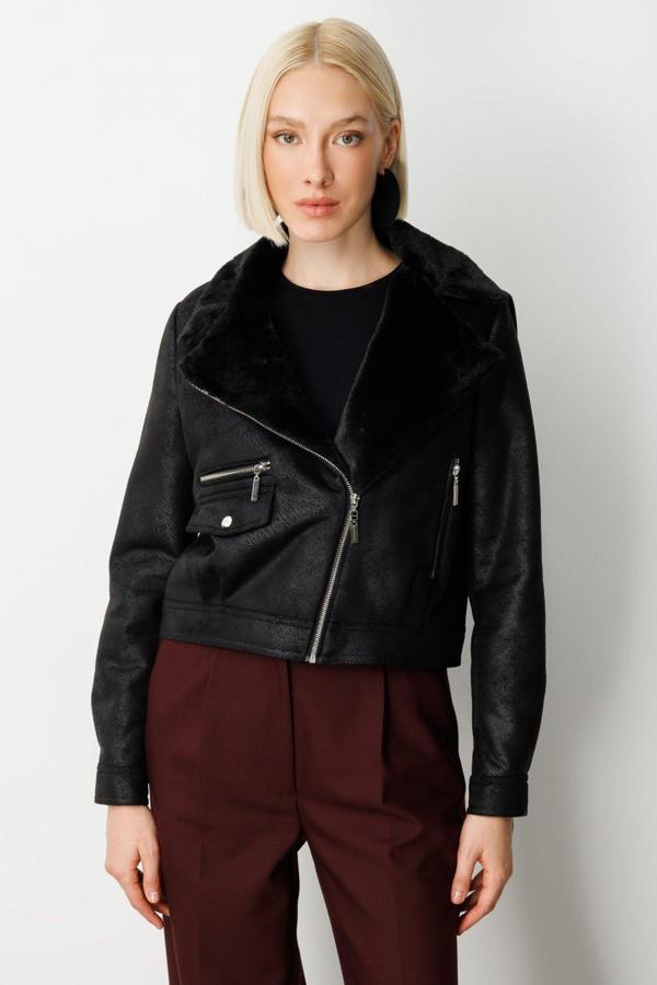 Ekol Kadın Peluşlu Güderi Mont 8011 Siyah - Image 1