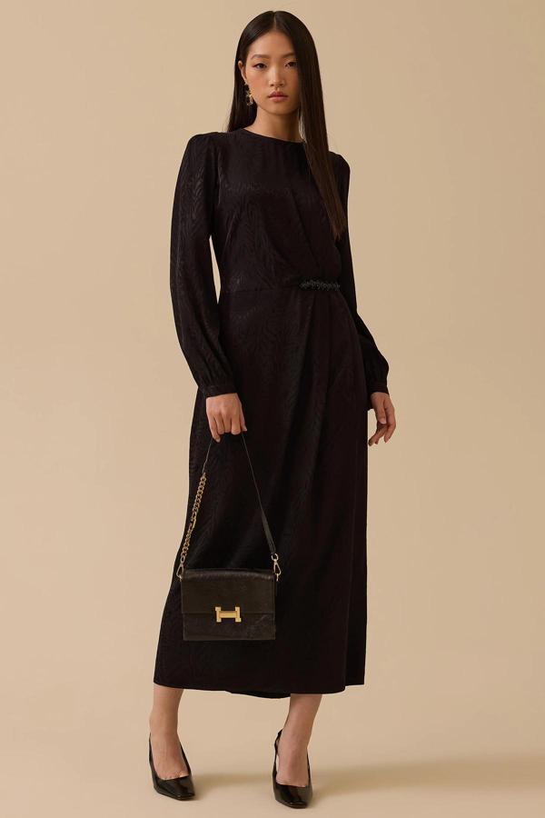 Seçil Kadın Desenli Boncuk Detaylı Saten Elbise 1005 Siyah - Image 1