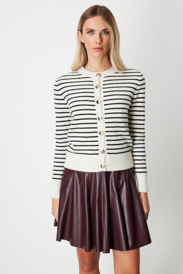 On Kadın Sıfır Yaka Çizgili Hırka 63901 Taş - Image 1