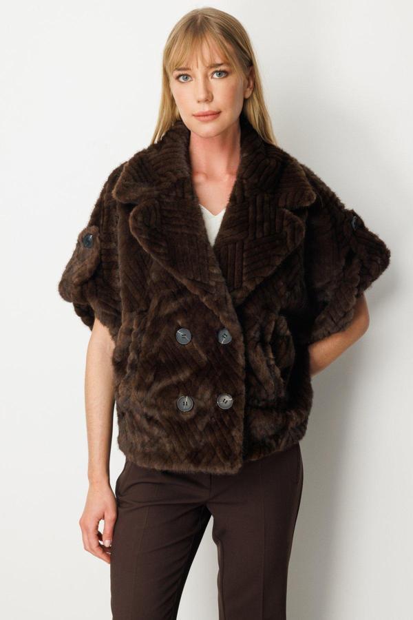 Ekol Kadın Yarasa Kol Peluş Mont 6901 Kahverengi - Image 1