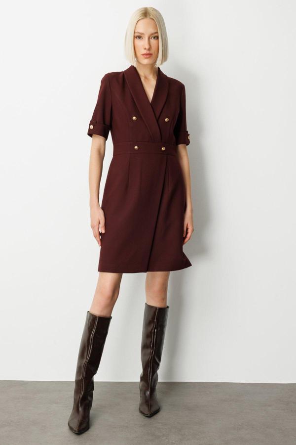 Ekol Kadın Kruvaze Yaka Süs Düğmeli Elbise 4017 Bordo - Image 1