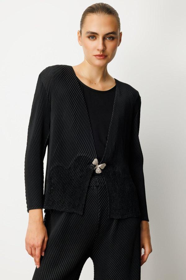 Ekol Kadın Kelebek Düğmeli Akordiyon Kumaş Hırka 5901 Siyah - Image 1