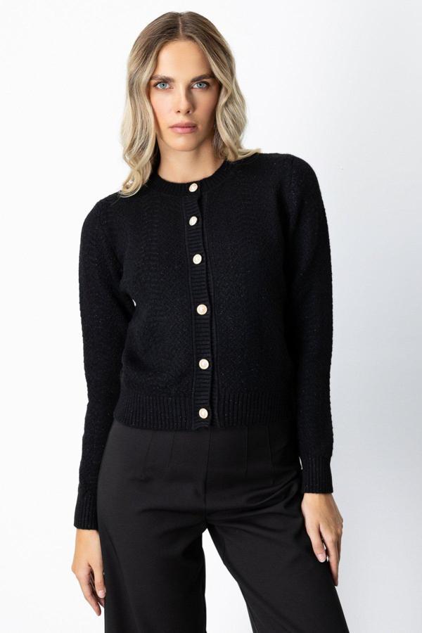 On Kadın Düğmeli Sıfır Yaka Hırka 63903 Siyah - Image 1