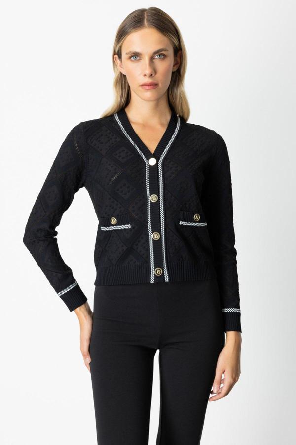 On Kadın V Yaka Kabartmalı Hırka 60950 Siyah - Image 1