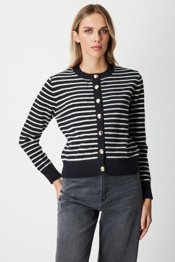 On Kadın Sıfır Yaka Çizgili Hırka 63901 Siyah - Image 1