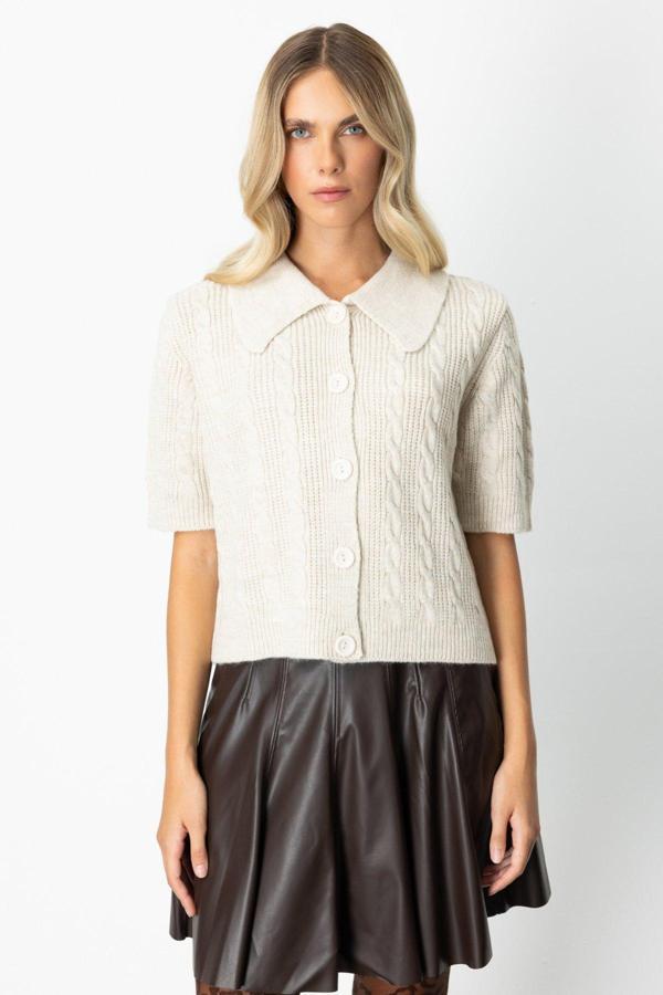 On Kadın Kısa Kollu Örme Hırka 65917 Bej - Image 1