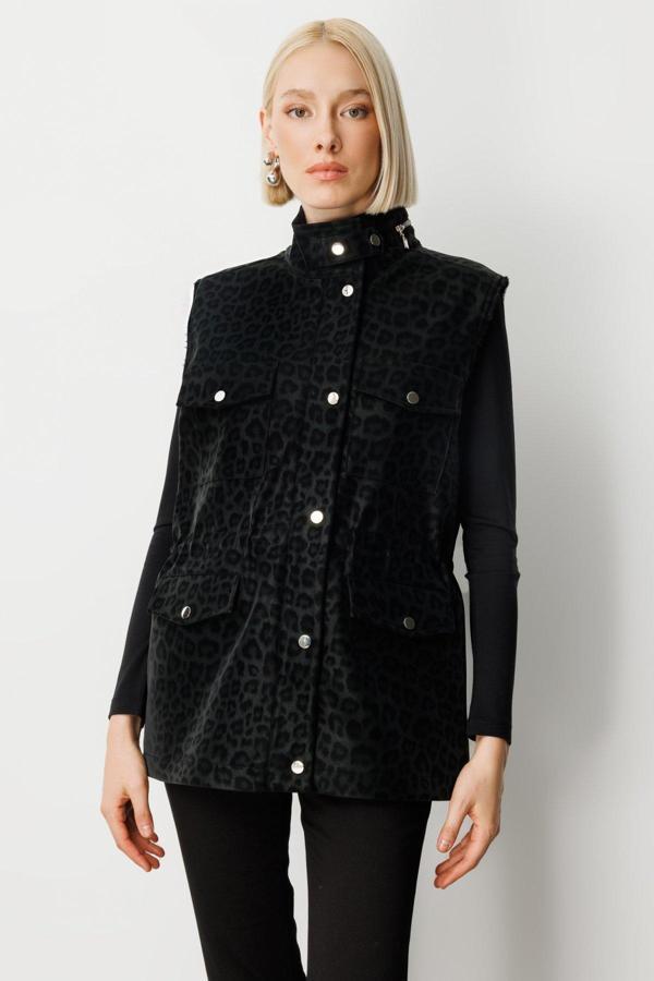 Ekol Kadın Peluş Astarlı Kapak Cepli Yelek 8503 Black - Image 1