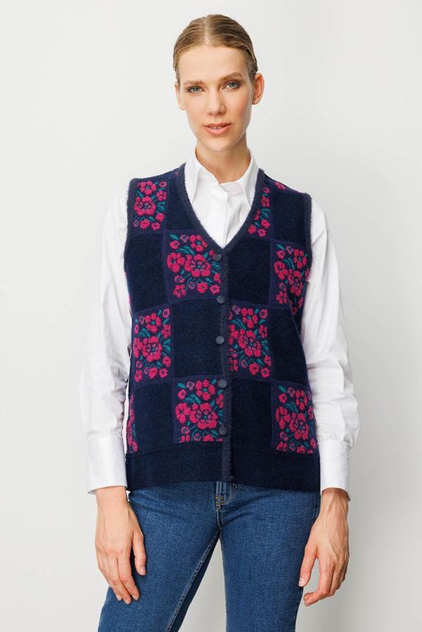 Desen Triko Kadın Pıtırcık Çiçekli Patchwork Keçe Yün Yelek 24084 Sıklamen - Image 1