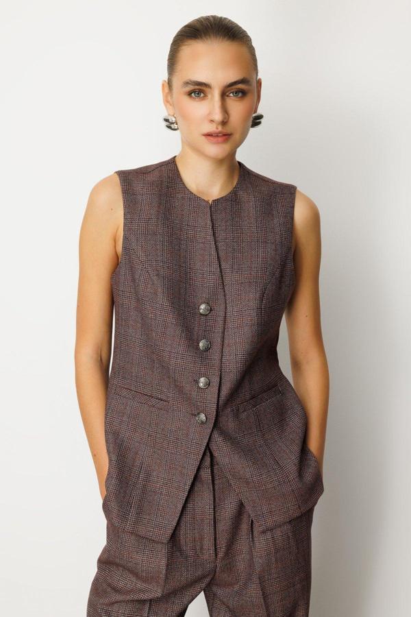 Ekol Kadın Ekoseli Fleto Cepli Yelek 5165 Bordo - Image 1