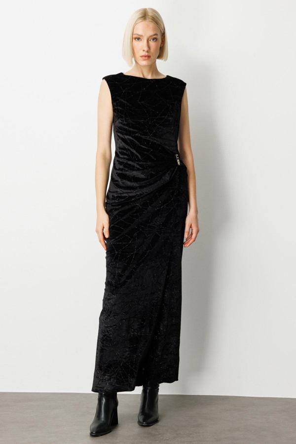 Ekol Kadın Metal Aksesuarlı Simli Kadife Elbise 4085 Siyah - Image 1